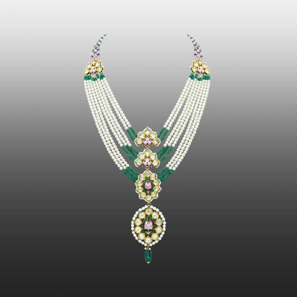 Pearl Necklace with Emerald, Tourmaline, and Polki Pendant
